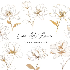 Line Art Flower Clipart Bundle - Gouden minimalistische bloemen aquarel PNG Botanische voor huwelijksuitnodigingen Stickers Scrapbooking Commercieel
