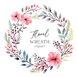 Clipart couronne botanique - PNG floral aquarelle de fleurs sauvages en rose et bleu pour les faire-part d'anniversaire de mariage, art mural, artisanat, usage commercial