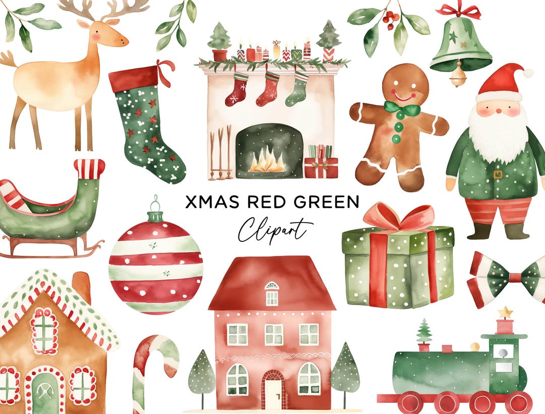 Christmas Clipart Bundle, PNG Digital Download Watercolor Red Green ...