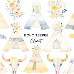 Puede incluir: Ilustraciones de acuarela de tipis, flores, plumas y cráneos de animales en estilo boho. El texto "BOHO TEEPEE Clipart" está escrito en el centro de la imagen.