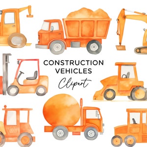 Konstruktion Clipart Bundle, Orange Fahrzeuge Aquarell Bagger Bagger Kipper Bulldozer PNG Kommerzielle Nutzung Erbauer Clip Art Dateien