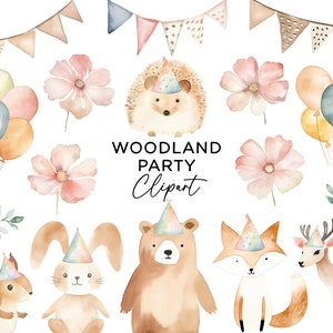 Paquete de imágenes prediseñadas de animales de fiesta del bosque - acuarela bosque ciervo oso conejo zorro con globos sombreros PNG para niños invitaciones de cumpleaños guardería