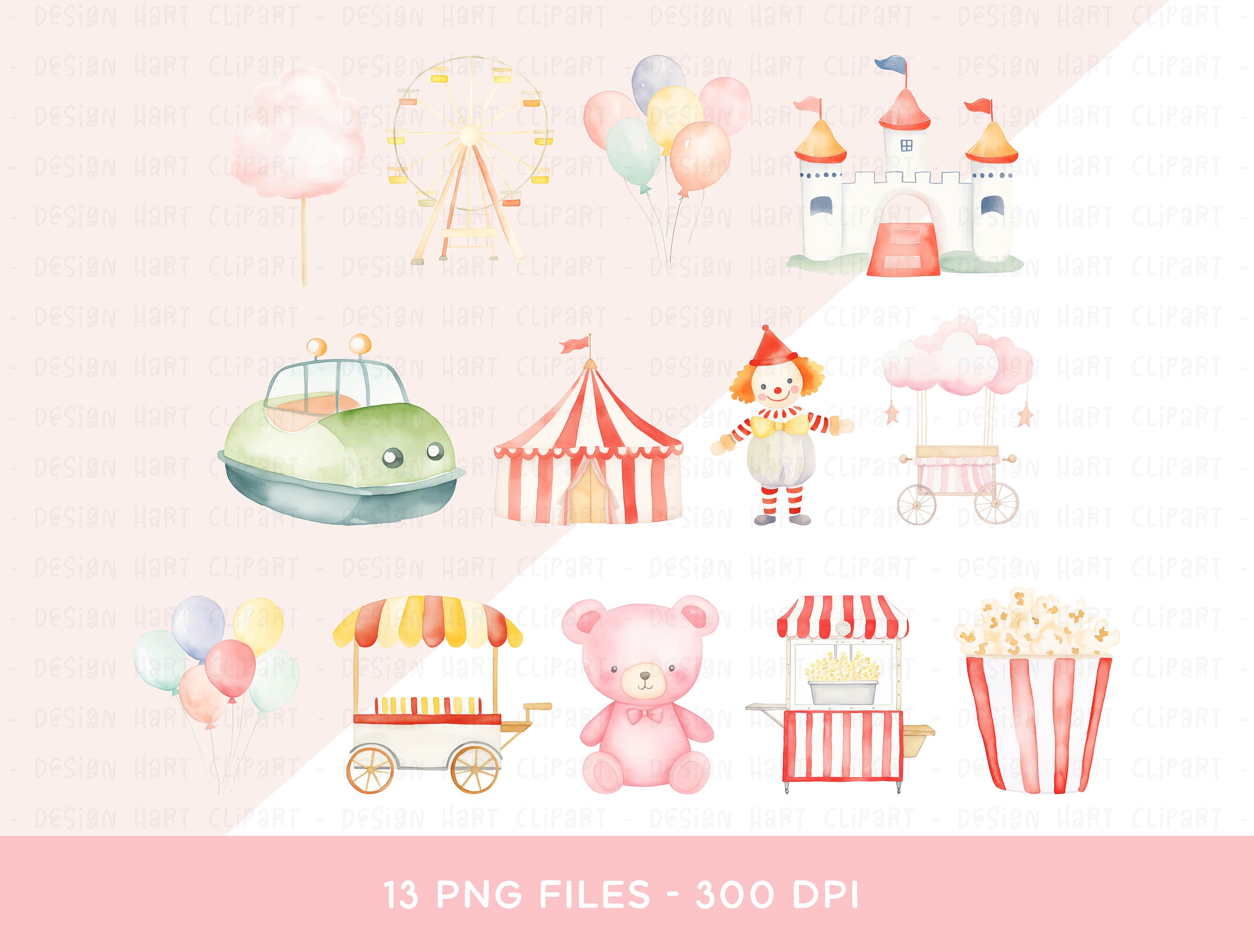 Carnival Clipart Bundle, Watercolor Circus Fair Rides Clown Fairy Floss ...