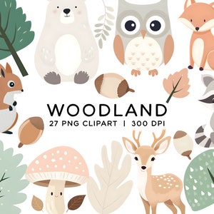 Bundle de cliparts animaux des bois, graphiques PNG en téléchargement numérique usage commercial forêt bébés animaux chambre d'enfant Decor ours renard hibou cerf Clip Art