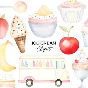 Eis Clipart Bundle, PNG Digital Download Aquarell Eis LKW Van Lolly Eisbecher Banane Kegel Kirsche Sommer Kommerzielle Nutzung
