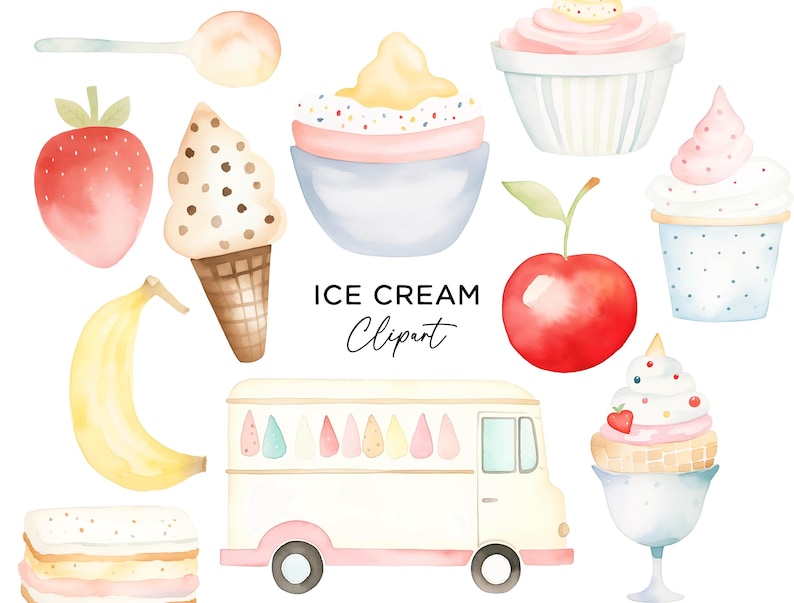 Ice Cream Clipart Bundle, PNG Digital Download Watercolor Ice Cream
