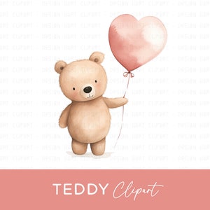Clipart ours en peluche, bébé fille aquarelle PNG usage commercial pour nouveau-né invitation baby shower carte de voeux ours tenant un ballon rose PNG
