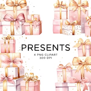Presenta paquete de imágenes prediseñadas, cajas de regalo de color rosa pastel y oro, uso comercial PNG Descarga digital Archivos de imágenes prediseñadas Boda Cumpleaños Regalos de Navidad