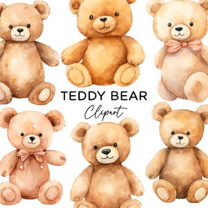 Pacchetto Clipart Teddy Bear - Grafica PNG di peluche marrone coccolone dell'acquerello, download digitale per uso commerciale Design di sublimazione per bambini