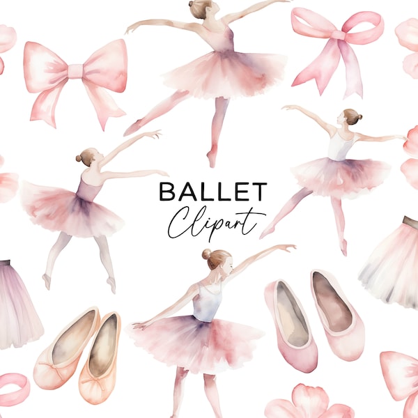 Ballet Clipart Bundle Set, Ballerina Dancer Watercolor Tutu Floral Bow Soft Pink PNG Clip Art Graphics for Invitations Stickers Scrapbooking