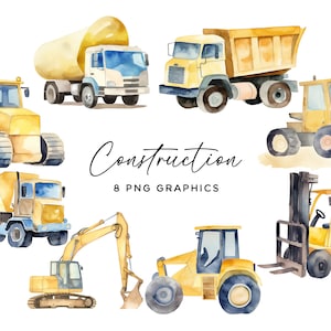 Construction Clipart Bundle, Vehicles Watercolor Digger Excavator Dump Truck Bulldozer Crane PNG Commercial Use Builder Clip Art Files