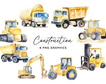 Construction Clipart Bundle, Vehicles Watercolor Digger Excavator Dump Truck Bulldozer Crane PNG Commercial Use Builder Clip Art Files