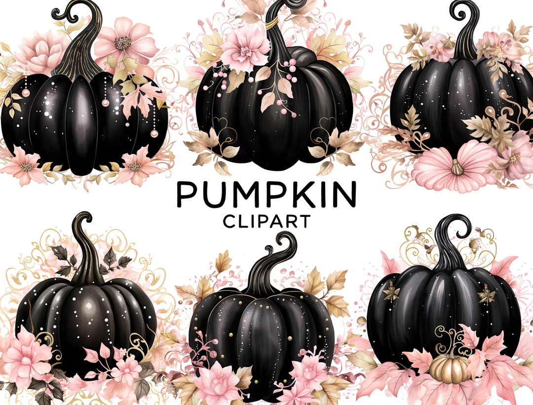 Pumpkin Watercolor Clipart Bundle, Halloween Black Gold Pink Floral PNG ...