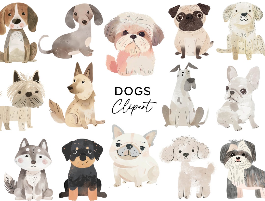 Cute Dog Clipart Bundle, Watercolor Puppy Breeds Poodle Bulldog Pug PNG ...