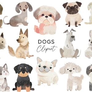 Süßer Hund Clipart Bundle, Aquarell Welpen Rassen Pudel Bulldogge Mops PNG für Einladungen Aufkleber Grußkarten Wand Kunst Digital Download