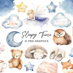 Bundle de cliparts somnolent, aquarelle nuit animaux nuages chaussons ciel étoilé confortable graphiques PNG pour faire-parts autocollants Scrapbooking