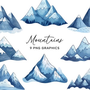 Bundle de cliparts montagnes - aquarelle bleu neigeux glaciers montagnes PNG graphiques pour usage commercial téléchargement numérique pour créations d'invitations