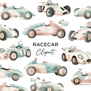 Zestaw clipartów Racecar - pastelowe akwarele, samochody wyścigowe, pojazdy dla dzieci, PNG, zaproszenia na przyjęcie dla chłopców, sztuka ścienna, pobieranie cyfrowe, wykorzystanie komercyjne