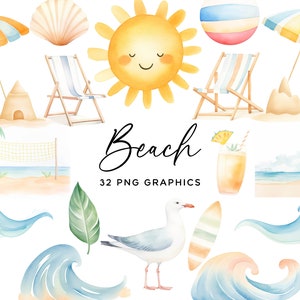 Paquete de imágenes prediseñadas de playa - Pastel acuarela océano palmera sol olas PNG para verano niños manualidades invitaciones Scrapbooking Clip Art comercial
