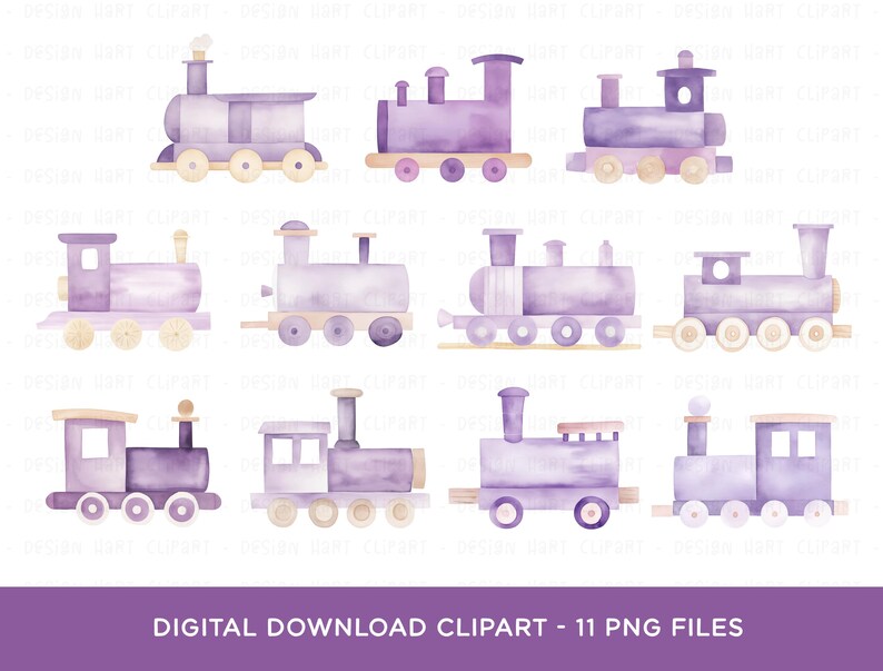 Purple Color Train Train Clipart Bundle, PNG Graphics Digital Download Watercolor Purple ...