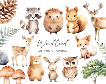 May include: A set of 25 watercolor illustrations featuring woodland animals, including a raccoon, hedgehog, squirrel, deer, fox, bear, rabbit, owl, pine cone, mushrooms, and trees. The illustrations are in a whimsical style and are perfect for adding a touch of nature to your projects.