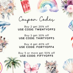 May include: Watercolor illustrations of a whale, giraffe, flamingo, and other animals and objects. The image includes a rainbow, flowers, and a watermelon slice. Text reads: "Coupon Codes" with discount details.