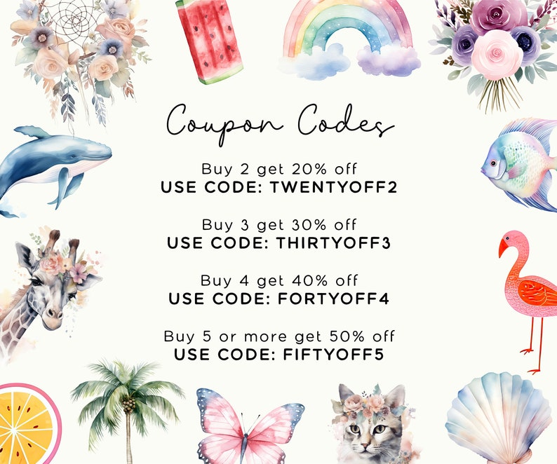 May include: Watercolor illustrations of a whale, giraffe, flamingo, and other animals and objects. The image includes a rainbow, flowers, and a watermelon slice. Text reads: "Coupon Codes" with discount details.