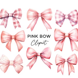 Bow Clipart Bundle Set, Watercolor Pink Bows Ribbons, Pastel Pink PNG Graphics Digital Download for Commercial Use Girls Party Invitations