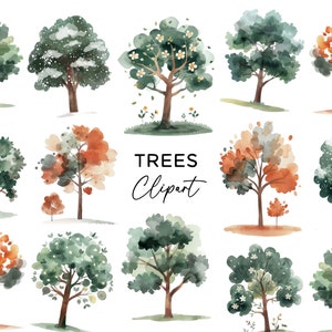 Bundle de cliparts arbre - aquarelle d'arbres d'automne avec des feuilles vertes et oranges fichiers PNG pour invitations d'art mural, téléchargement numérique commercial