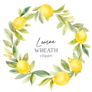 Clipart Couronne de citron - Aquarelle de fruits jaunes botanique printemps été PNG pour faire-part de mariage Art mural cartes de voeux en téléchargement numérique
