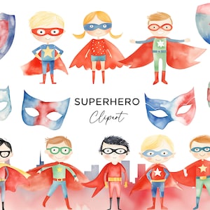 Pacote de clipart de super-heróis, super-heróis em aquarela PNG, gráficos de sublimação, download digital para uso comercial, convites para festas de quadrinhos para meninos