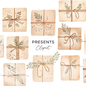 Bundle de cliparts en papier kraft, graphiques PNG en téléchargement numérique aquarelle coffrets cadeaux utilisation commerciale bohème scandinave pour faire-parts autocollants