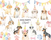 Dog Party Animals Clipart Bundle, PNG Watercolor Puppy Dog Breeds Birthday Decorations Balloons Hats for Kids Invitations Commercial Use