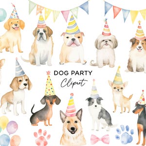 May include: Watercolor illustration of various dog breeds wearing party hats, with balloons, paw prints, and a gift box. The text "DOG PARTY Clipart" is also included. The dogs are in a variety of colors, including tan, white, and black.