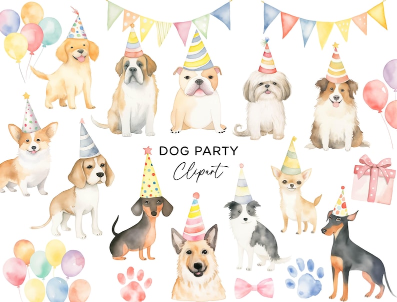 May include: Watercolor illustration of various dog breeds wearing party hats, with balloons, paw prints, and a gift box. The text "DOG PARTY Clipart" is also included. The dogs are in a variety of colors, including tan, white, and black.