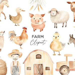Boerderij dieren clipart bundel-aquarel boerenerf trekker varken eend paard schapen lama koe PNG voor uitnodigingen kwekerij kunst commercieel