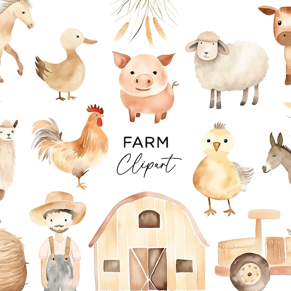 Farm Animals Clipart Bundle - Watercolor Barnyard Tractor Pig Duck Horse Sheep Llama Cow PNG for Invitations Nursery Art Commercial