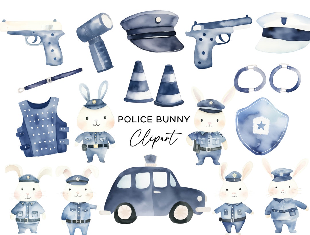 Police Bunny Clipart Bundle, Watercolor Rabbit Policeman Car Gun ...
