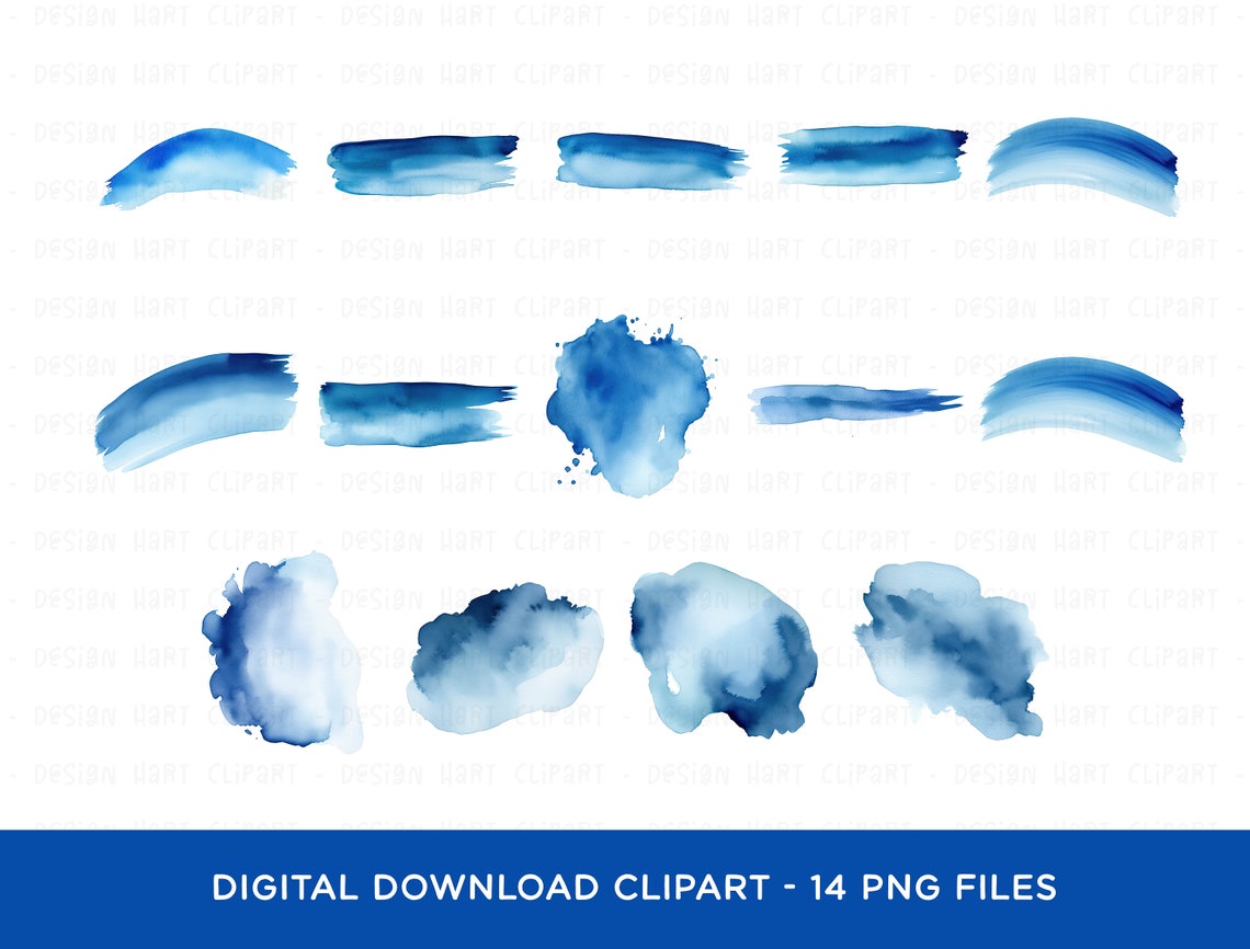 Splodge Graphics Blue Brush Stroke Clipart Bundle - Watercolor Smudge Stain Splodge ...