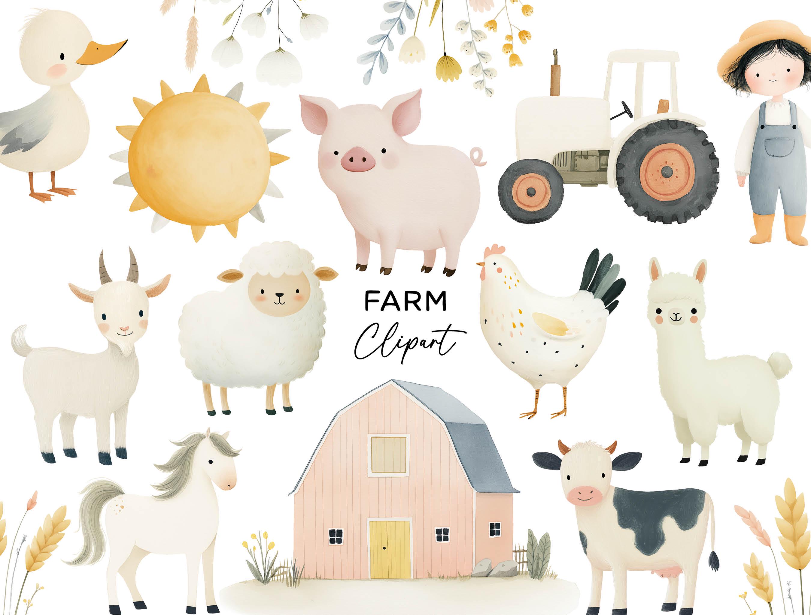Farm Animals Clipart Bundle - Watercolor Barnyard Tractor Pig Duck ...