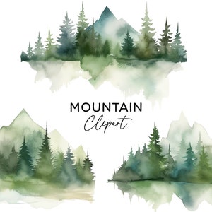Pacchetto Clipart scena di montagna, acquerello alberi di pino foresta di Natale invernale grafica PNG per inviti scrapbooking uso commerciale fai da te