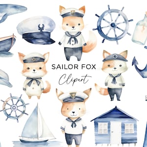Sailor Fox Clipart Bundle, Aquarell Kapitän Leuchtturm Anker Boot Nautical PNG für Kinder Party Einladungen Wand Kunst Kommerzielle Nutzung DIY