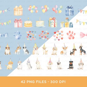 May include: Watercolor illustrations of birthday-themed elements. The image includes gift boxes, balloons, party hats, cakes, and banners. Several dog breeds wearing party hats are also featured. The text at the bottom reads "42 PNG FILES - 300 DPI".