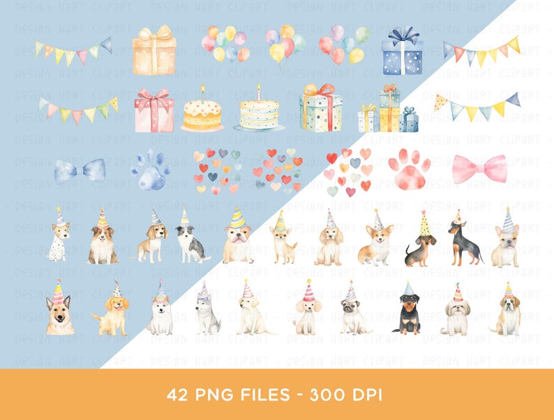 May include: Watercolor illustrations of birthday-themed elements. The image includes gift boxes, balloons, party hats, cakes, and banners. Several dog breeds wearing party hats are also featured. The text at the bottom reads "42 PNG FILES - 300 DPI".