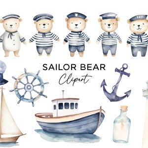 Pacchetto Clipart Sailor Bear, Capitano della barca dell'ancora del faro dell'orsacchiotto dell'acquerello PNG per inviti per feste per bambini Wall Art Uso commerciale fai da te