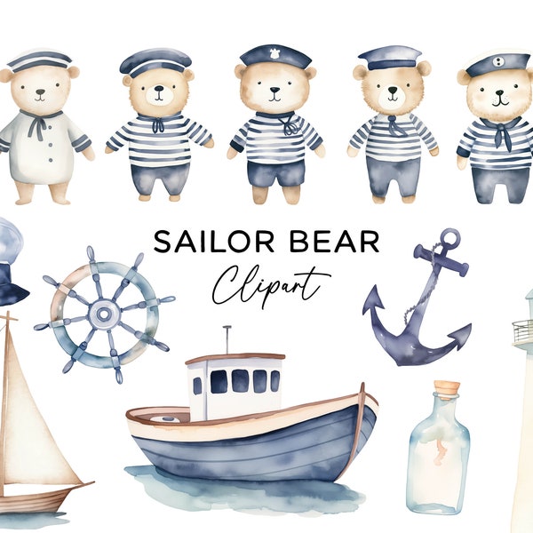 Sailor Bear Clipart Bundle, Watercolor Teddy Bear Lighthouse Anchor Boat Captain PNG for Kids Party Invitations Wall Art Commercial Use DIY