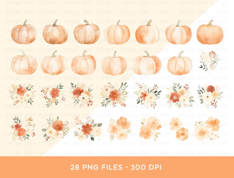 Pumpkin Clipart Bundle, PNG Graphic Digital Download Watercolor Floral ...