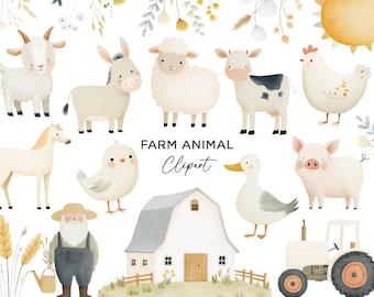 Farm Animal Clipart Bundle, Watercolor Barnyard Animals Pig Cow Horse Sheep Barn PNG Digital Download Files for Party Invitations Stickers