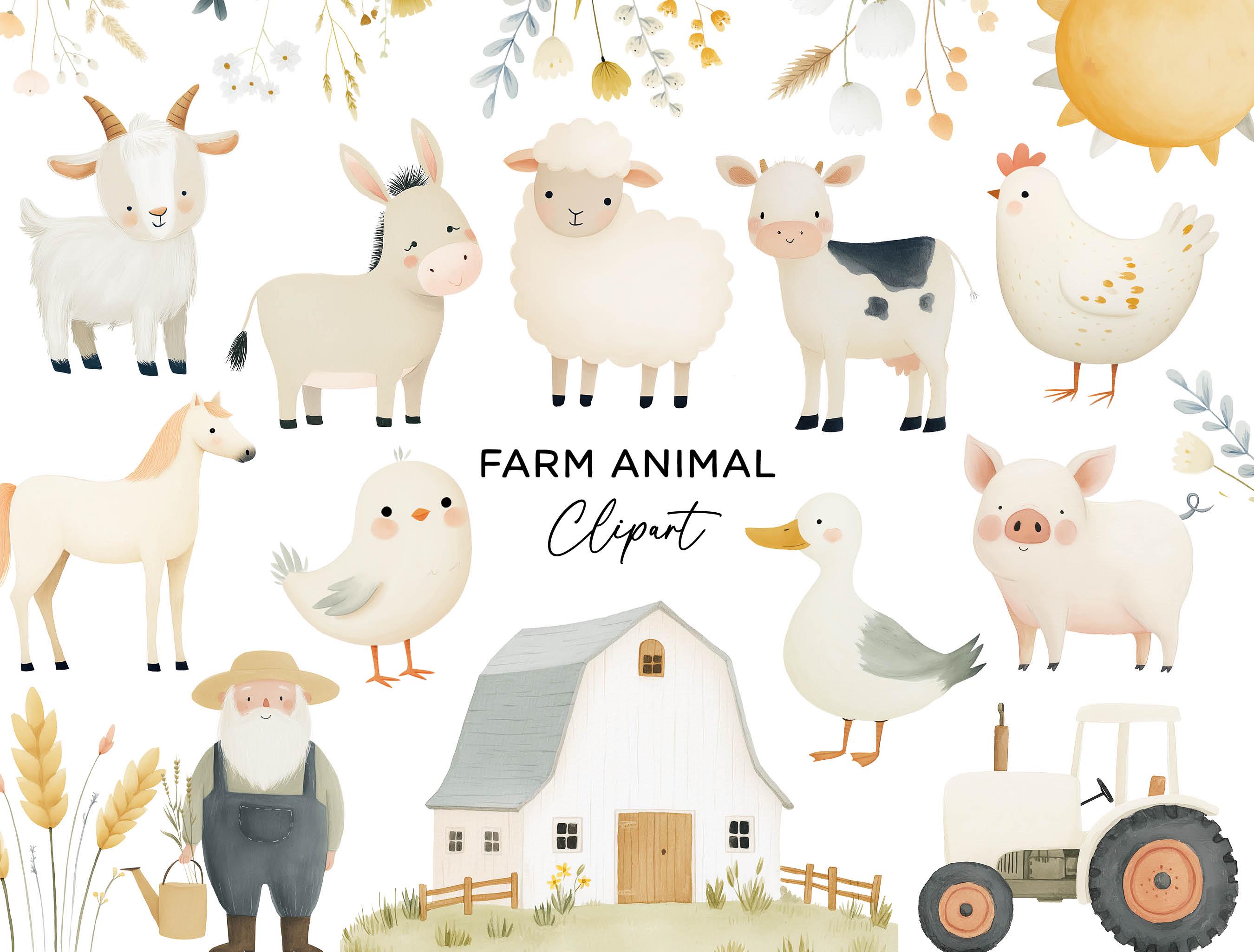 Farm Animal Clipart Bundle, Watercolor Barnyard Animals Pig Cow Horse ...
