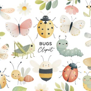 Insekter Clipart Bundle, Akvarell Insekter PNG, Nyckelpiga Bi Fjäril Larv Myra Trädgårdslöv för Barninbjudningar och Klistermärken